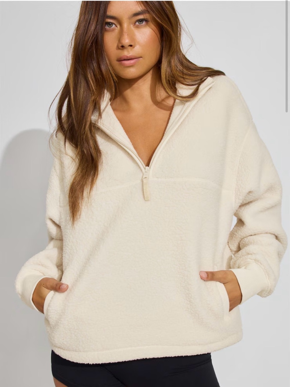 Sherpa Mock Neck Half Zip Sweater, size S-M, in perfect pearl